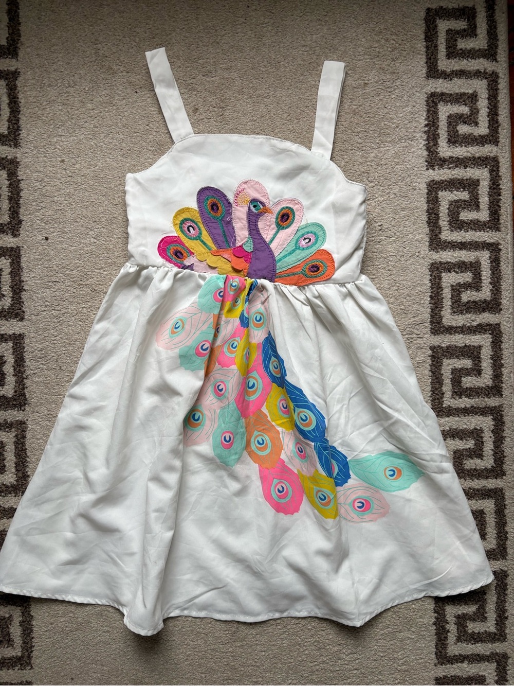White Kids Dress with Colorful Peacock Embroidery, Size 7-8